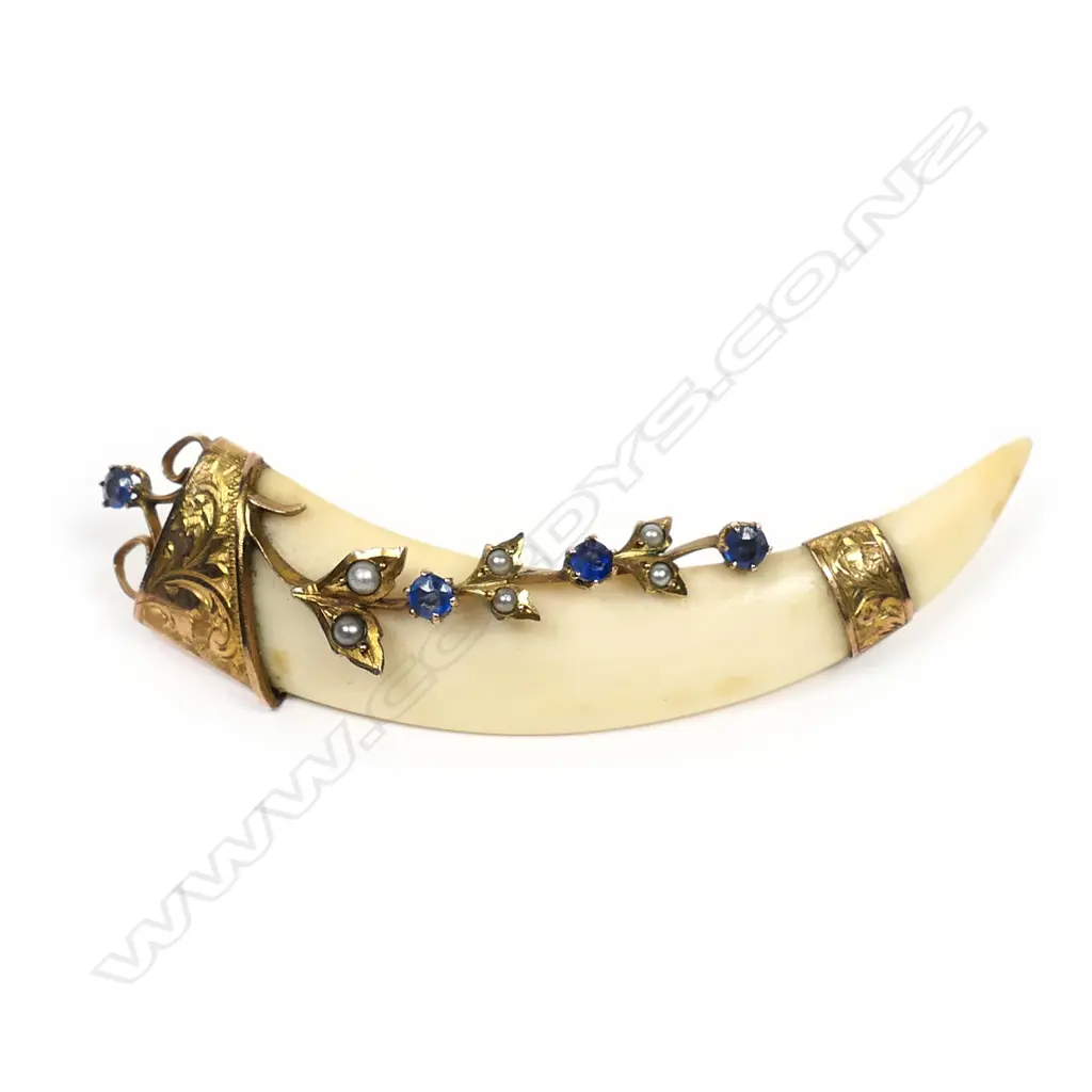 George E. Whitmore (Auckland) N.Z. colonial made 9ct. yellow gold and jewelled tusk brooch, Image 1++
